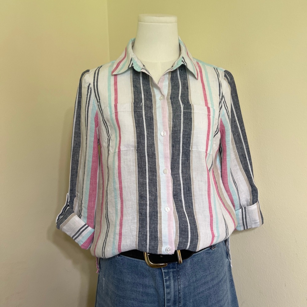 Charter Club Luxury 100% Linen Striped Button Down Shirt Petite PP Pink Blue